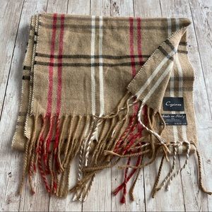 PREOWNED CEJON TAN PLAID FRINGE SCARF ACRYLIC